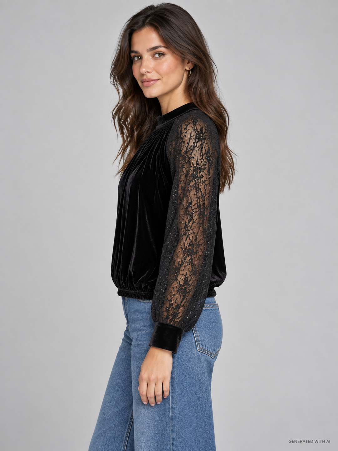 Blusa in velluto con maniche in pizzo