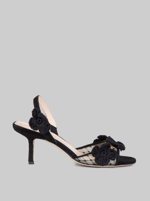 SUEDE AND MESH SANDALS EMBROIDERED WITH CROCHET FLOWERS