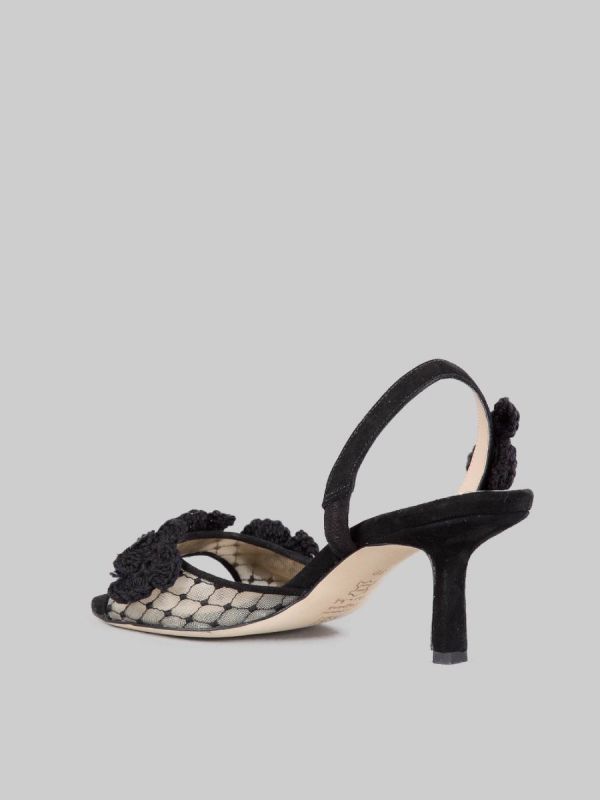 SUEDE AND MESH SANDALS EMBROIDERED WITH CROCHET FLOWERS