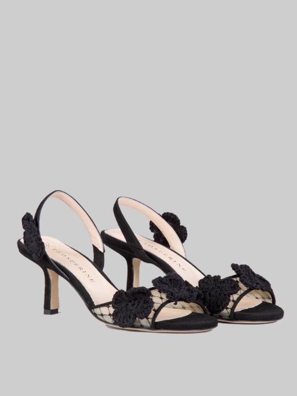 SUEDE AND MESH SANDALS EMBROIDERED WITH CROCHET FLOWERS