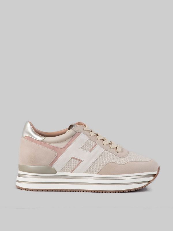 SNEAKER MIDI H222 IN PELLE SCAMOSCIATA BEIGE, ROSA E AVORIO CON TELA TECNICA MISTO LUREX