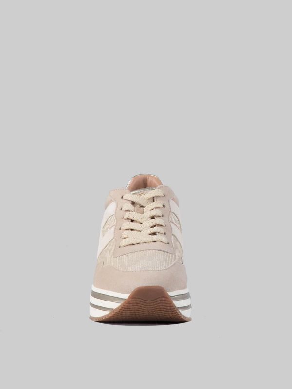 SNEAKER MIDI H222 IN PELLE SCAMOSCIATA BEIGE, ROSA E AVORIO CON TELA TECNICA MISTO LUREX
