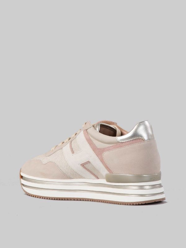 SNEAKER MIDI H222 IN PELLE SCAMOSCIATA BEIGE, ROSA E AVORIO CON TELA TECNICA MISTO LUREX