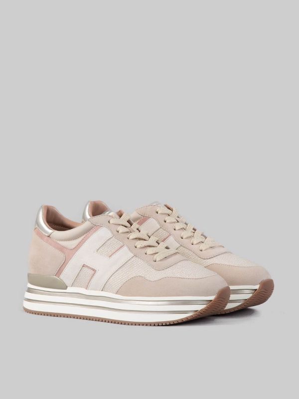 SNEAKER MIDI H222 IN PELLE SCAMOSCIATA BEIGE, ROSA E AVORIO CON TELA TECNICA MISTO LUREX