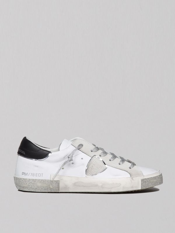 PRSX LOW WOMAN WHITE VINTAGE EFFECT LEATHER SNEAKER WITH SILVER GLITTER