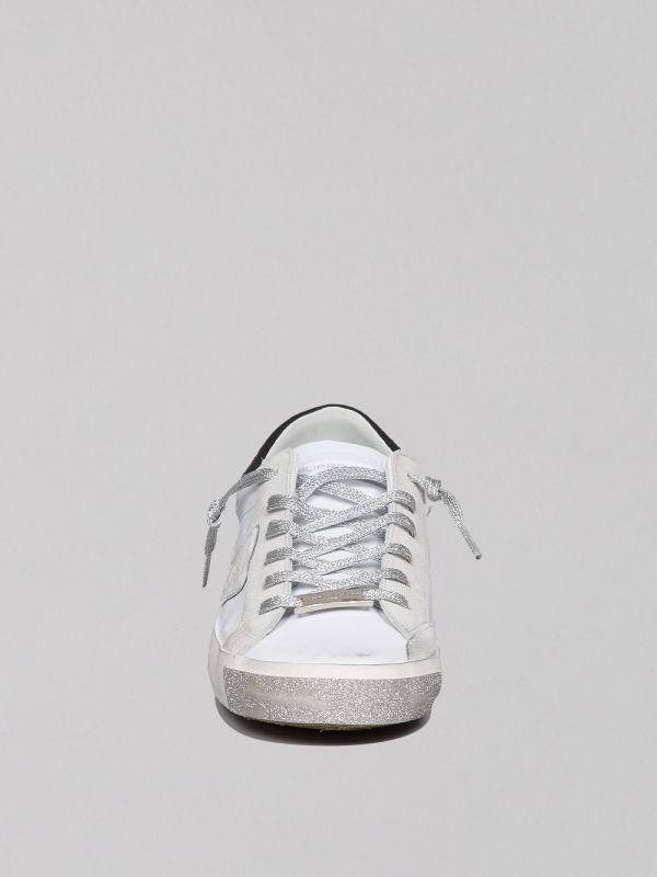 PRSX LOW WOMAN WHITE VINTAGE EFFECT LEATHER SNEAKER WITH SILVER GLITTER