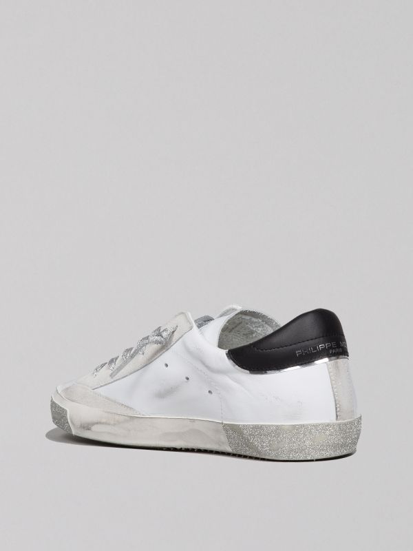 PRSX LOW WOMAN WHITE VINTAGE EFFECT LEATHER SNEAKER WITH SILVER GLITTER