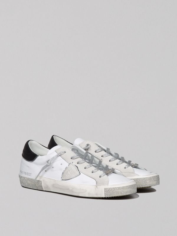 PRSX LOW WOMAN WHITE VINTAGE EFFECT LEATHER SNEAKER WITH SILVER GLITTER