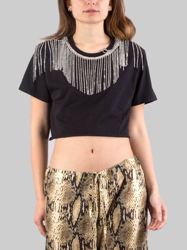 T-SHIRT CORTA NERA CON FRANGE DI STRASS