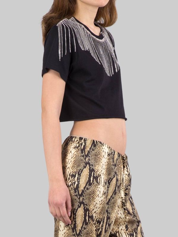 T-SHIRT CORTA NERA CON FRANGE DI STRASS