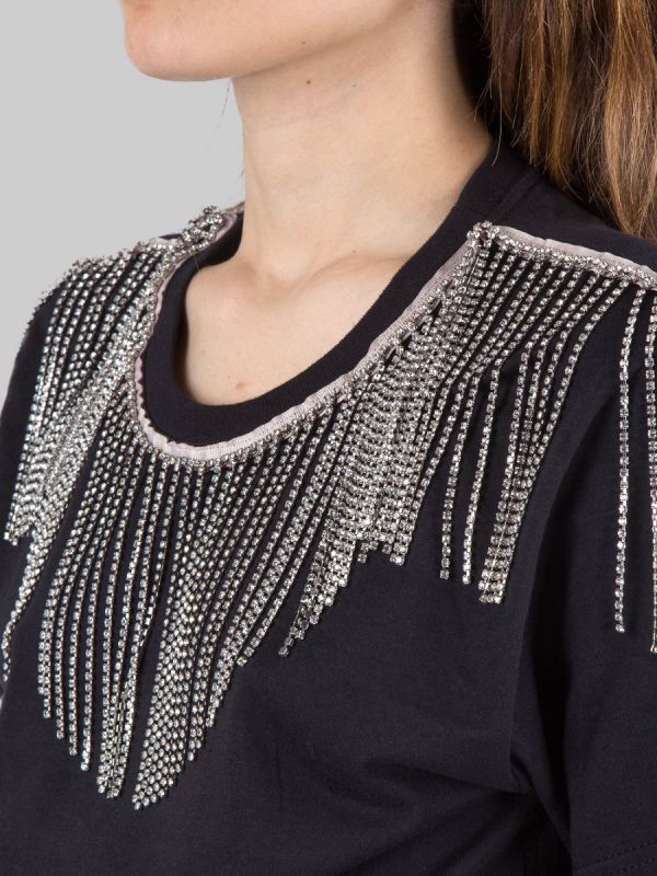 T-SHIRT CORTA NERA CON FRANGE DI STRASS