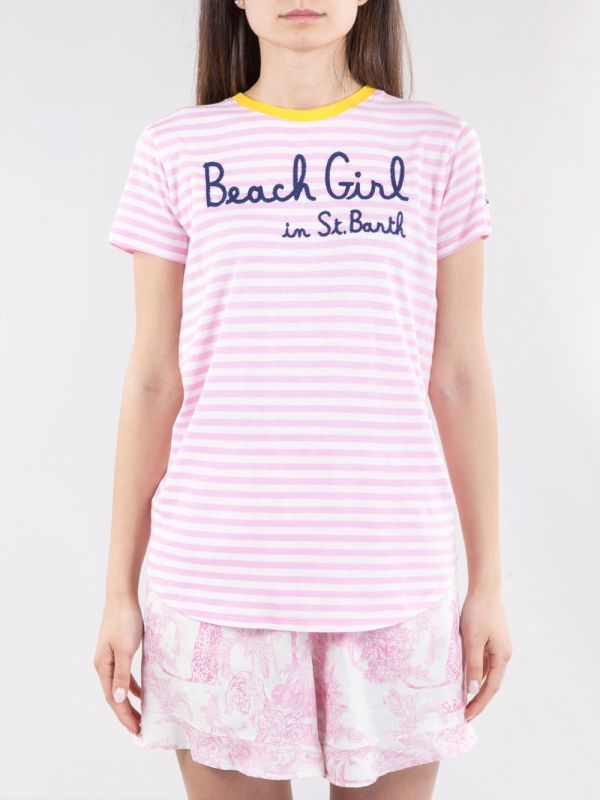T-SHIRT DANA IN COTONE A FANTASIA RIGHE BIANCO E ROSA