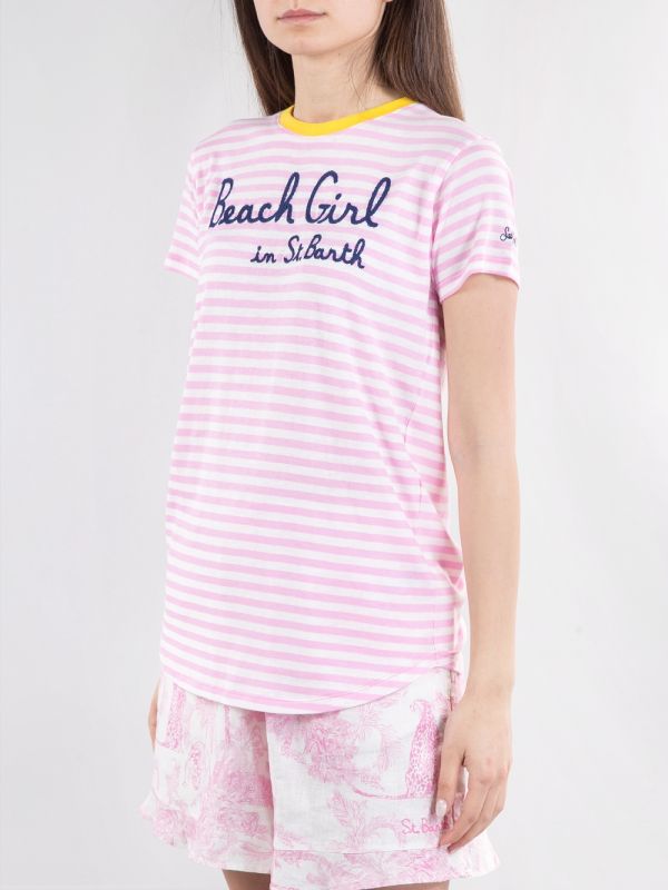 T-SHIRT DANA IN COTONE A FANTASIA RIGHE BIANCO E ROSA