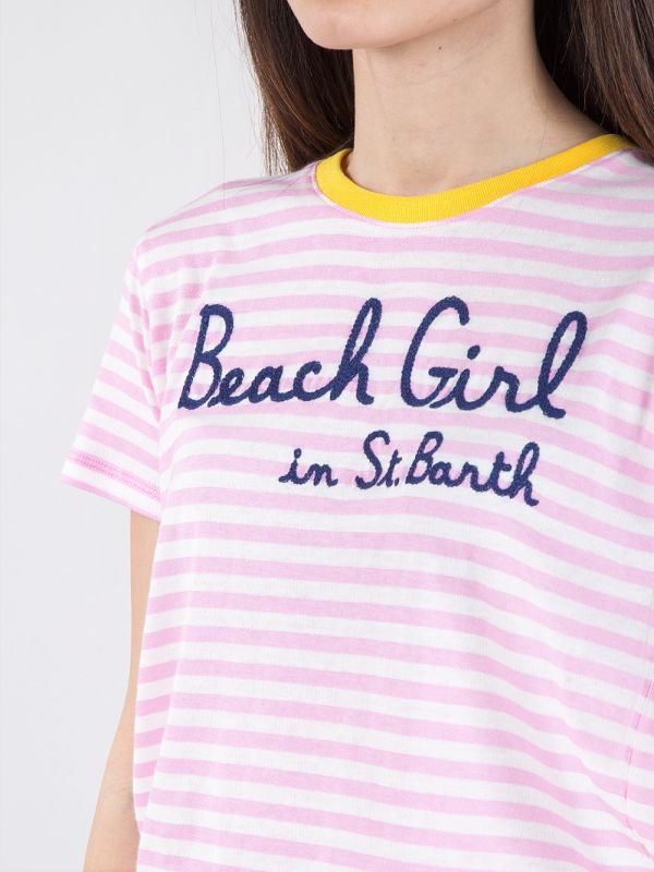 T-SHIRT DANA IN COTONE A FANTASIA RIGHE BIANCO E ROSA