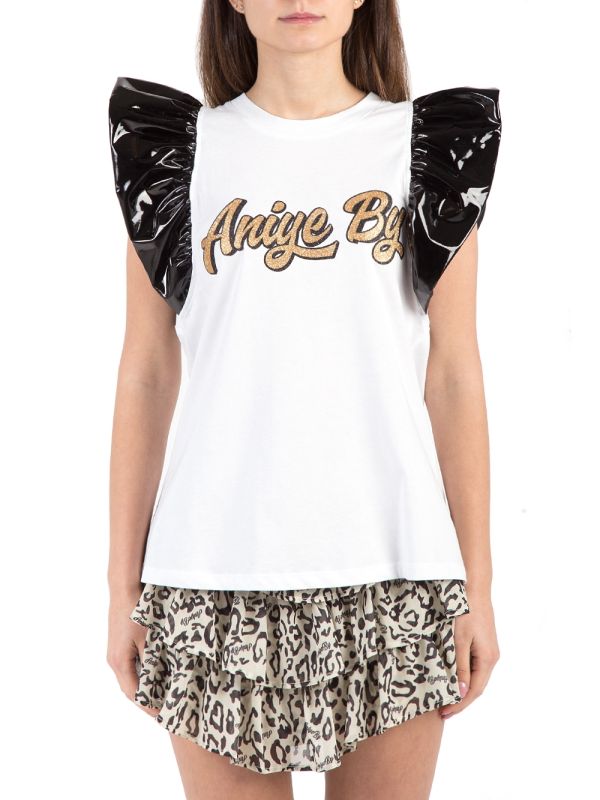 T-SHIRT IN COTONE CON MANICHE CORTE NERE CON VOLANT IN ECOPELLE