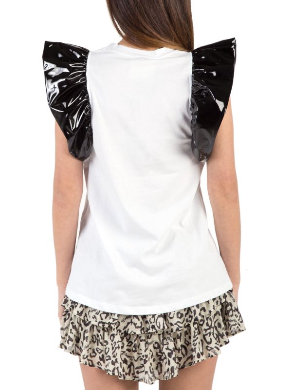 T-SHIRT IN COTONE CON MANICHE CORTE NERE CON VOLANT IN ECOPELLE