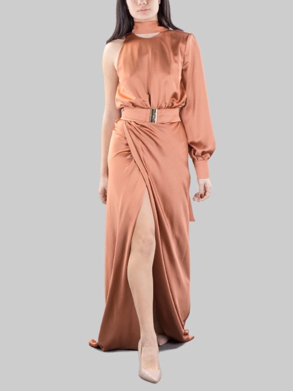ANSONICA LONG SATIN DRESS WITH SPLIT AND WAIST BELT
