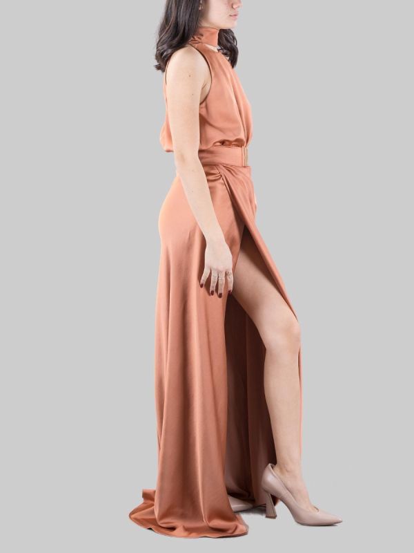 ANSONICA LONG SATIN DRESS WITH SPLIT AND WAIST BELT