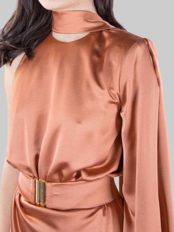 ANSONICA LONG SATIN DRESS WITH SPLIT AND WAIST BELT