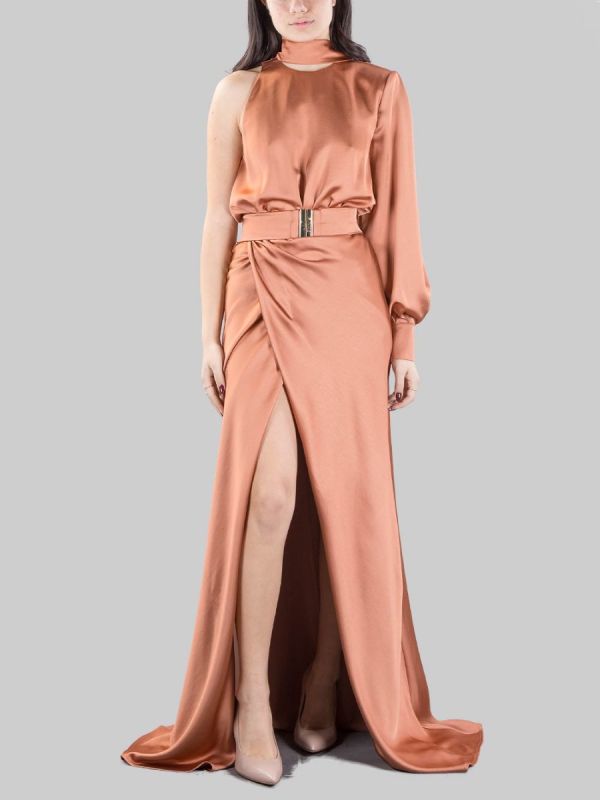 ANSONICA LONG SATIN DRESS WITH SPLIT AND WAIST BELT