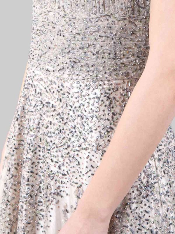 ABITO LUNGO ORO DECORATO CON PERLINE, STRASS E RICAMI IN TESSUTO