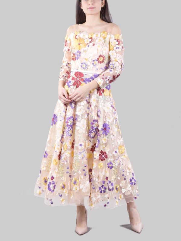 ABITO MIDI IN TULLE ROSA RICAMATO CON FIORI MULTICOLORE E MINI CINTURA IN VITA