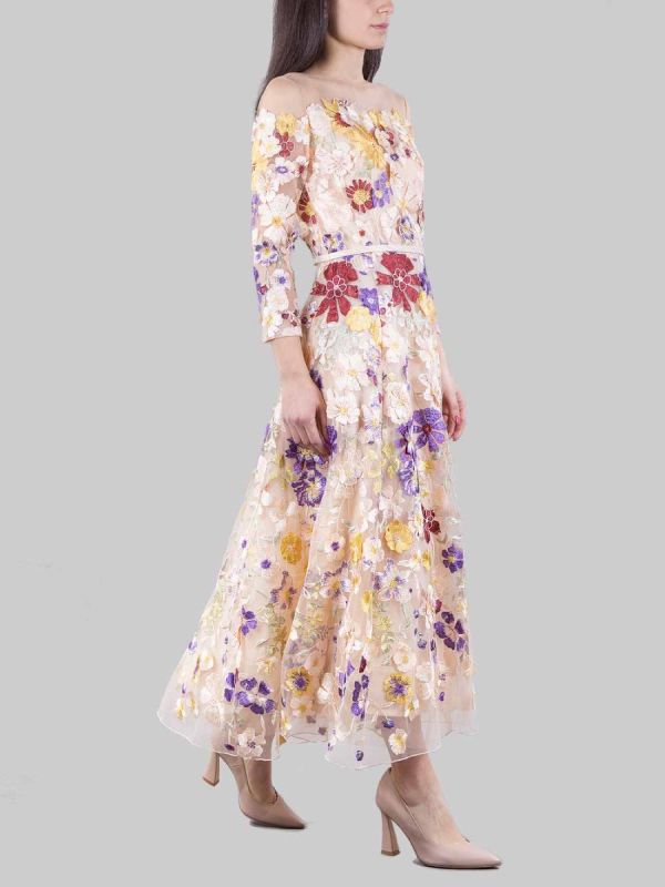 ABITO MIDI IN TULLE ROSA RICAMATO CON FIORI MULTICOLORE E MINI CINTURA IN VITA