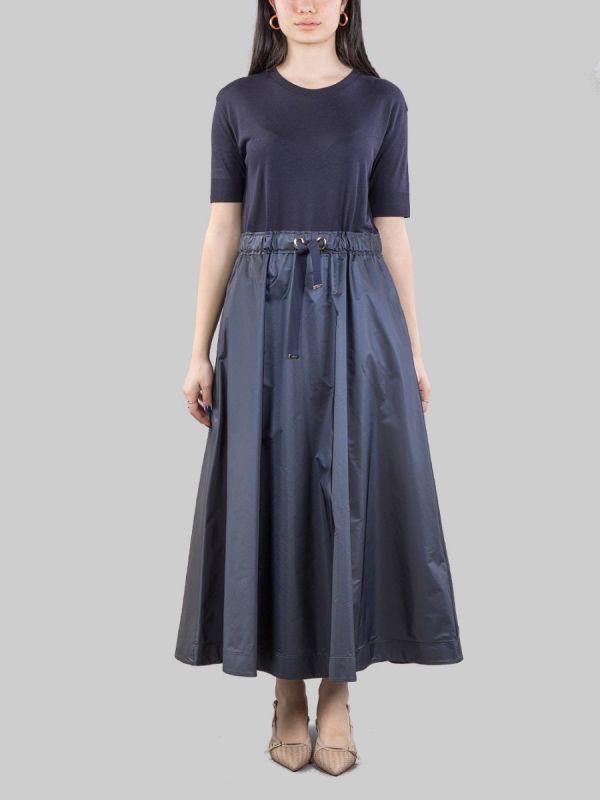 BI-MATERIAL MIDI DRESS WITH TAFFET SKIRT AND DRAWSTRING WAIST