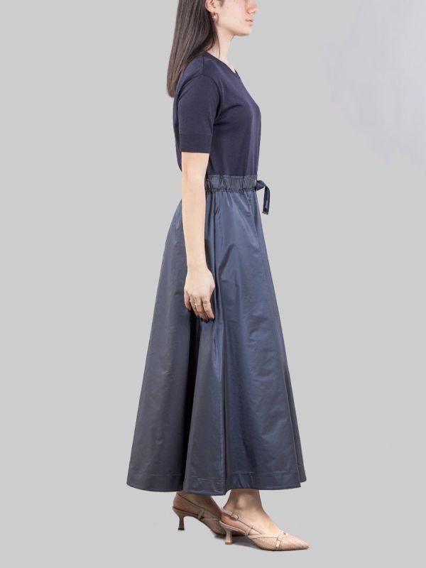 BI-MATERIAL MIDI DRESS WITH TAFFET SKIRT AND DRAWSTRING WAIST