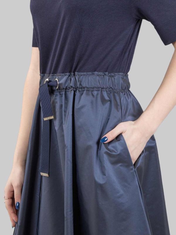 BI-MATERIAL MIDI DRESS WITH TAFFET SKIRT AND DRAWSTRING WAIST