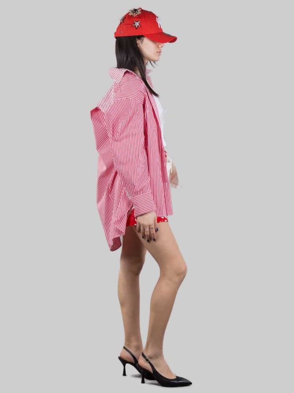 OVERSIZED LONG SHIRT IN WHITE AND RED STRIPED POPLIN