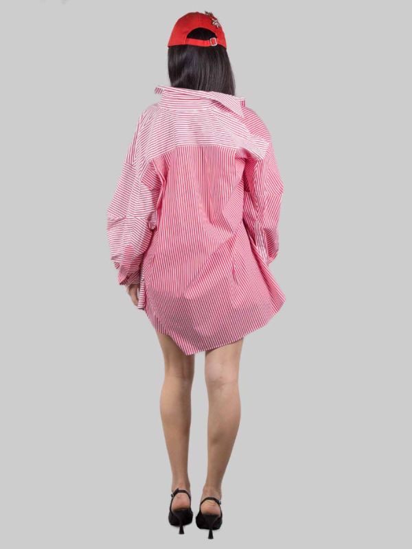 OVERSIZED LONG SHIRT IN WHITE AND RED STRIPED POPLIN