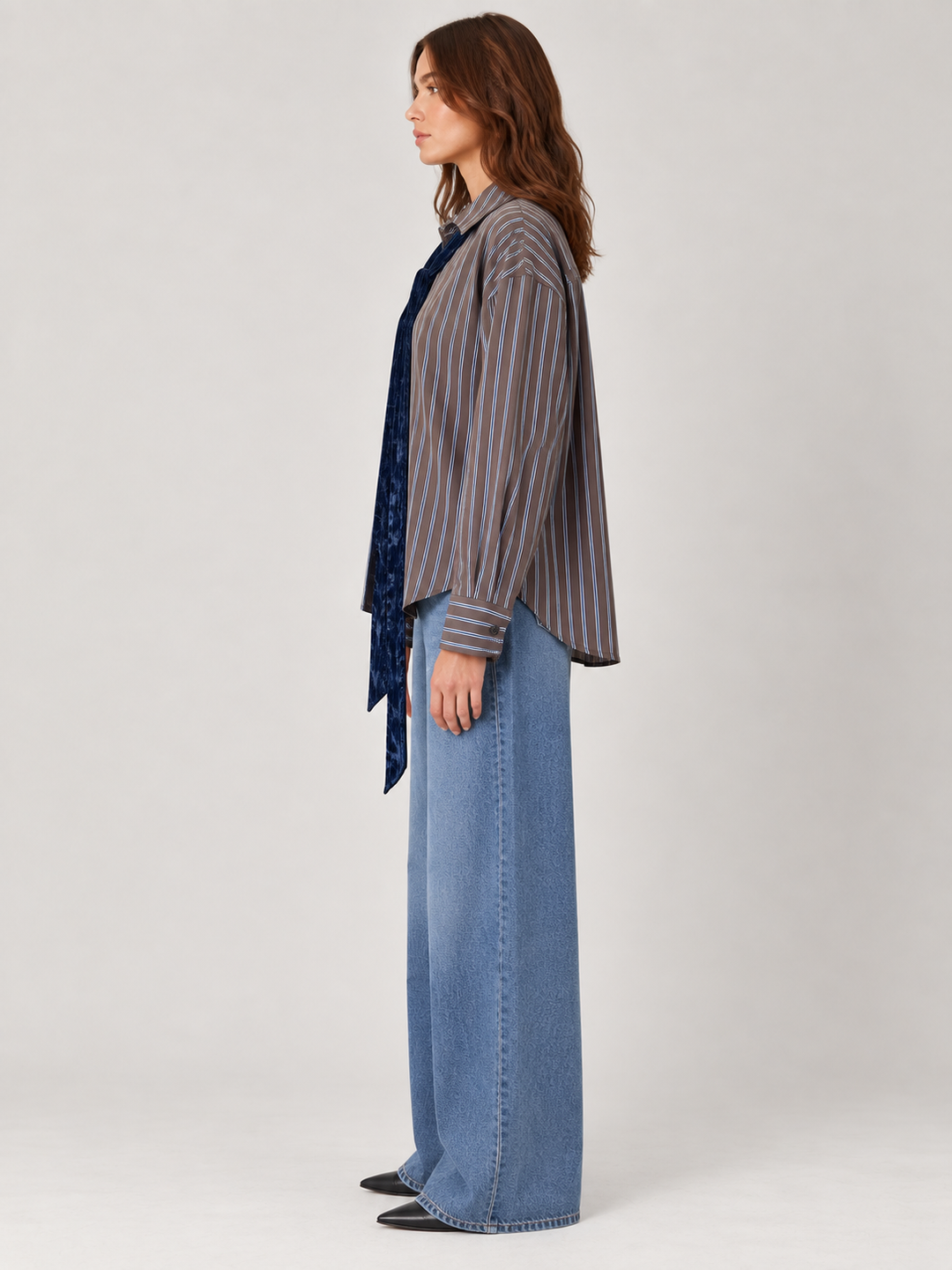 Camicia oversize a righe con nastro in velluto
