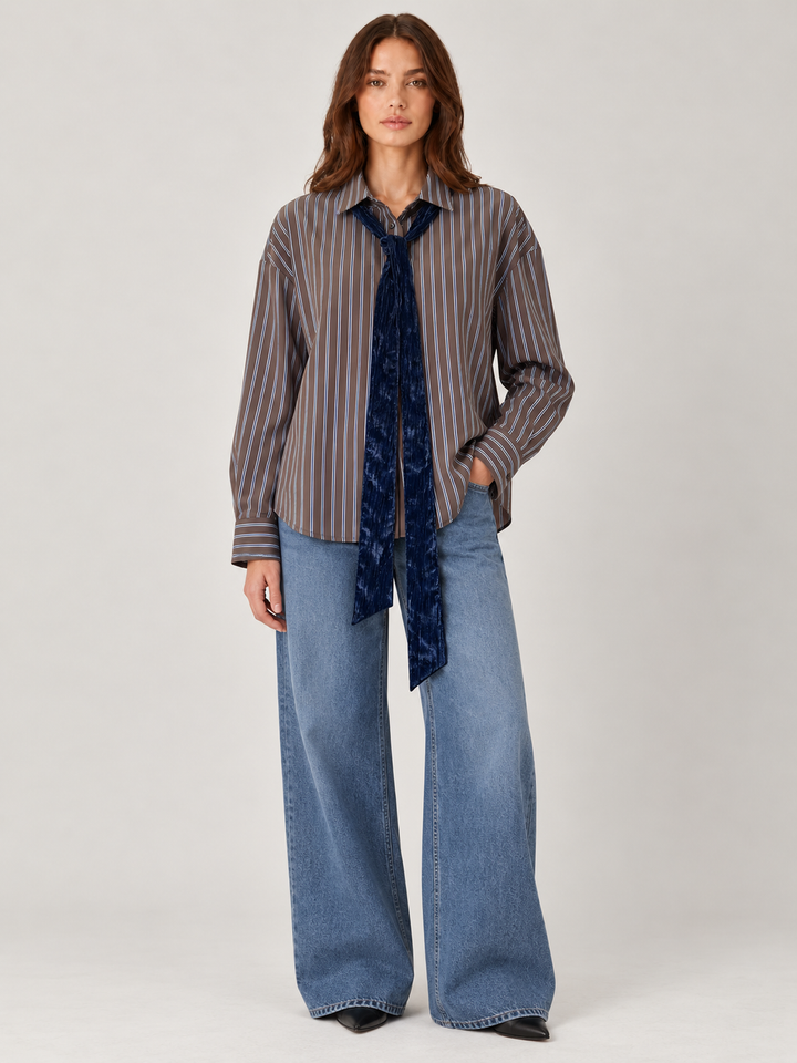 Camicia oversize a righe con nastro in velluto