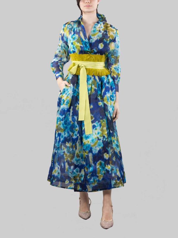 ABITO CHEMISIER IN SETA A FANTASIA FIORI E LIME CON CINTURA