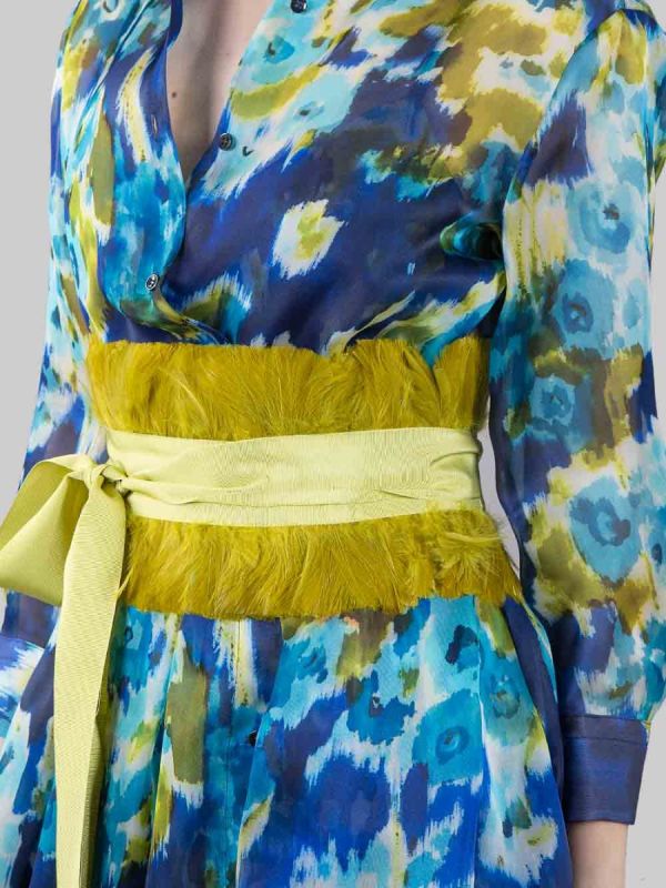 ABITO CHEMISIER IN SETA A FANTASIA FIORI E LIME CON CINTURA