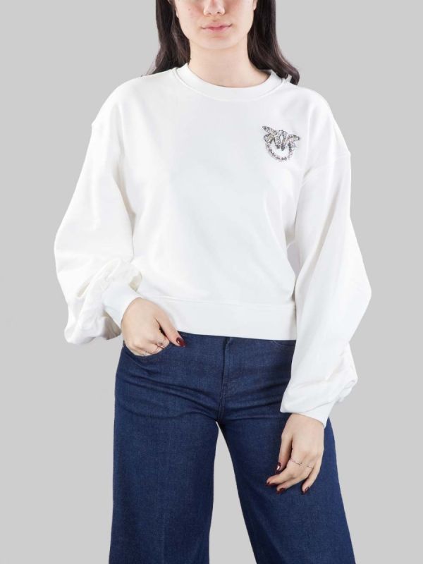 FELPA GIROCOLLO OVERSIZE BIANCO CON LOGO IN STRASS E PERLINE