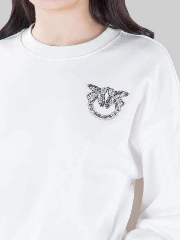 FELPA GIROCOLLO OVERSIZE BIANCO CON LOGO IN STRASS E PERLINE