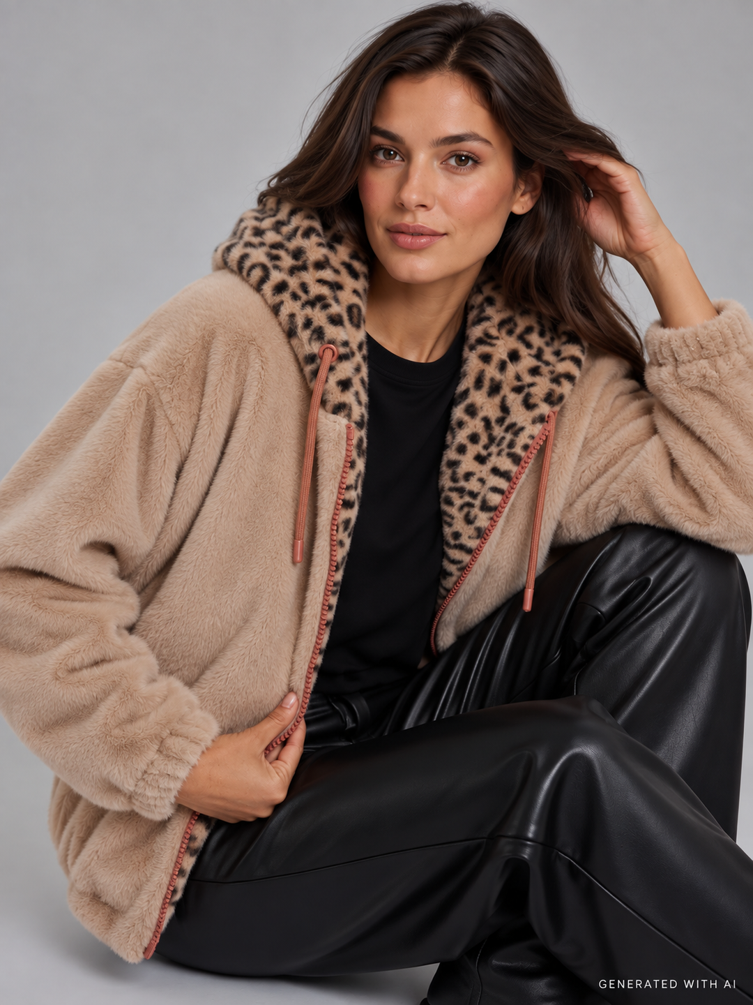 Giacca corta in ecopelliccia con cappuccio animalier