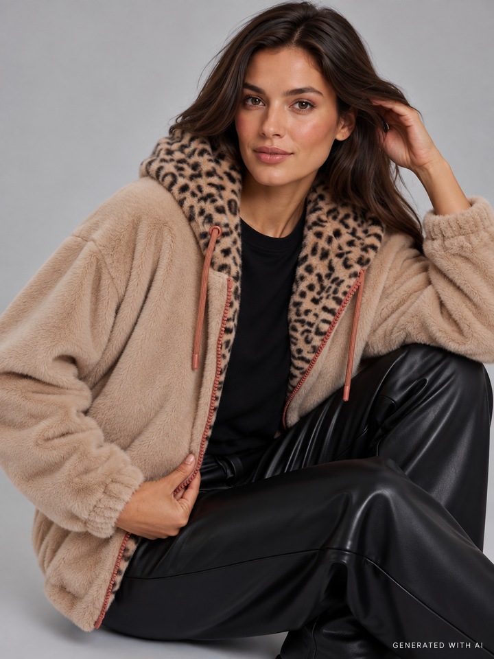 Giacca corta in ecopelliccia con cappuccio animalier