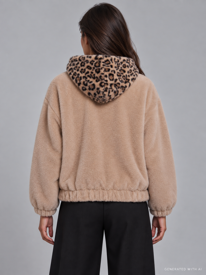 Giacca corta in ecopelliccia con cappuccio animalier