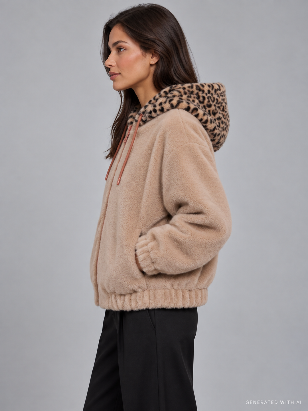 Giacca corta in ecopelliccia con cappuccio animalier