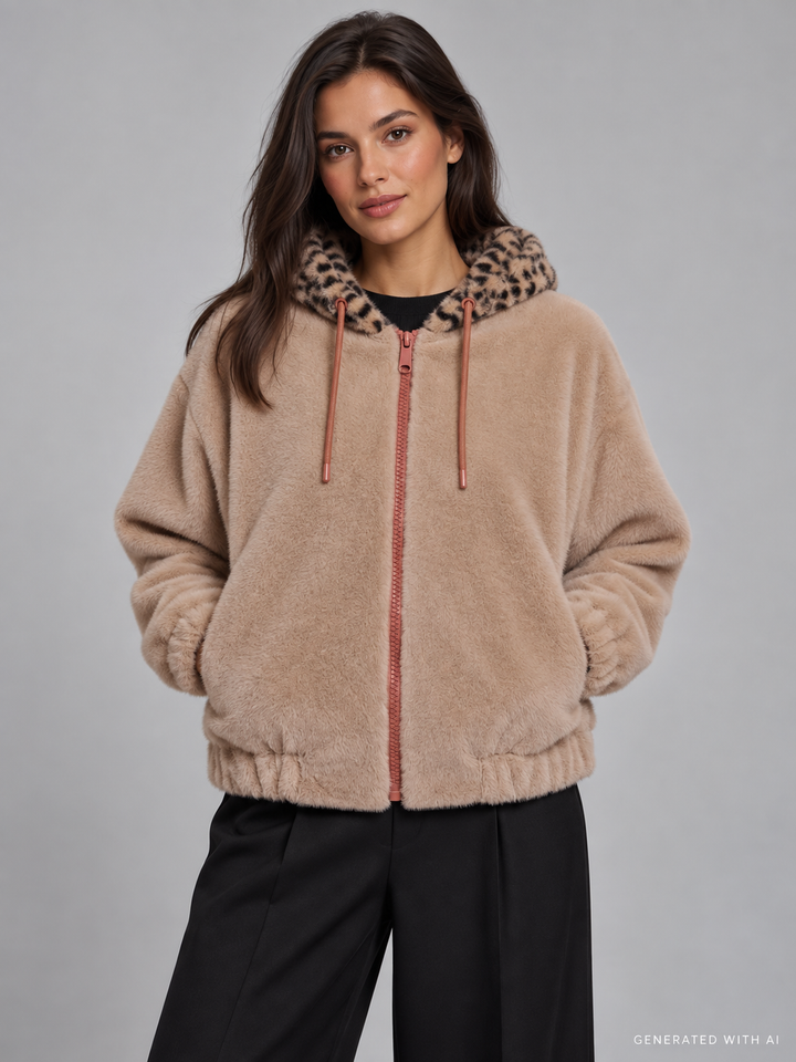 Giacca corta in ecopelliccia con cappuccio animalier