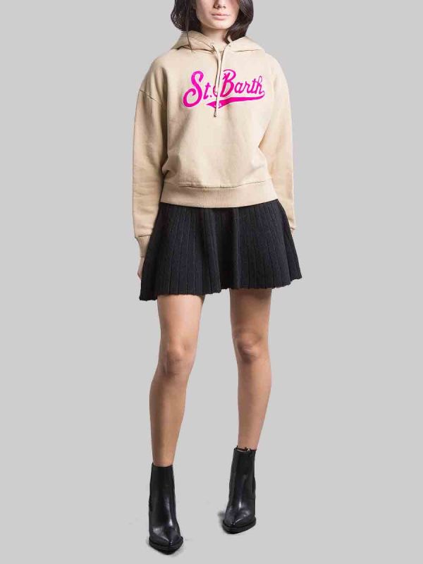 BEIGE HOODED SWEATSHIRT WITH ST. BARTH VELVET GRAPHICS