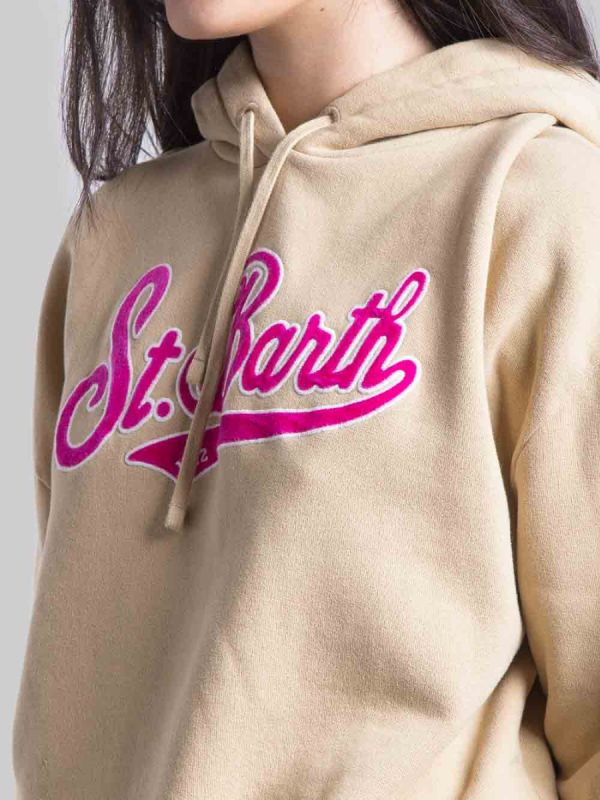 BEIGE HOODED SWEATSHIRT WITH ST. BARTH VELVET GRAPHICS