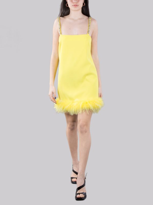 YELLOW TREBBIANO MINI DRESS WITH RHINESTONE AND FEATHERS