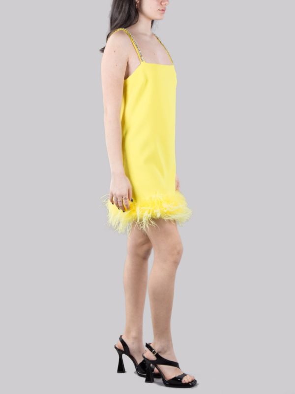 YELLOW TREBBIANO MINI DRESS WITH RHINESTONE AND FEATHERS