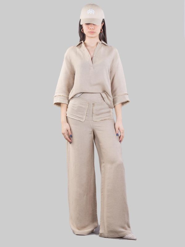 HIGH WAISTED PALAZZO TROUSERS IN LINEN BLEND WITH PATCH POCKETS