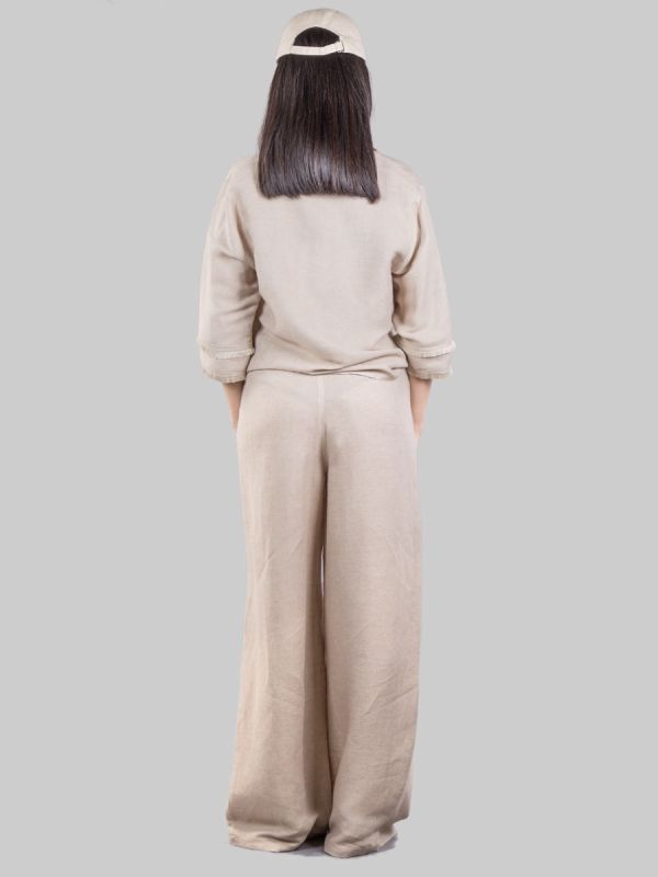HIGH WAISTED PALAZZO TROUSERS IN LINEN BLEND WITH PATCH POCKETS