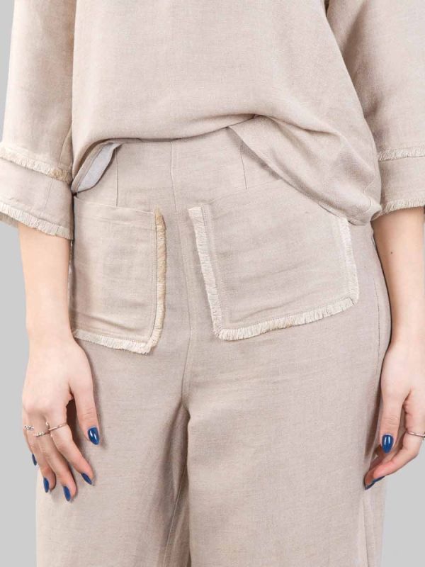 HIGH WAISTED PALAZZO TROUSERS IN LINEN BLEND WITH PATCH POCKETS